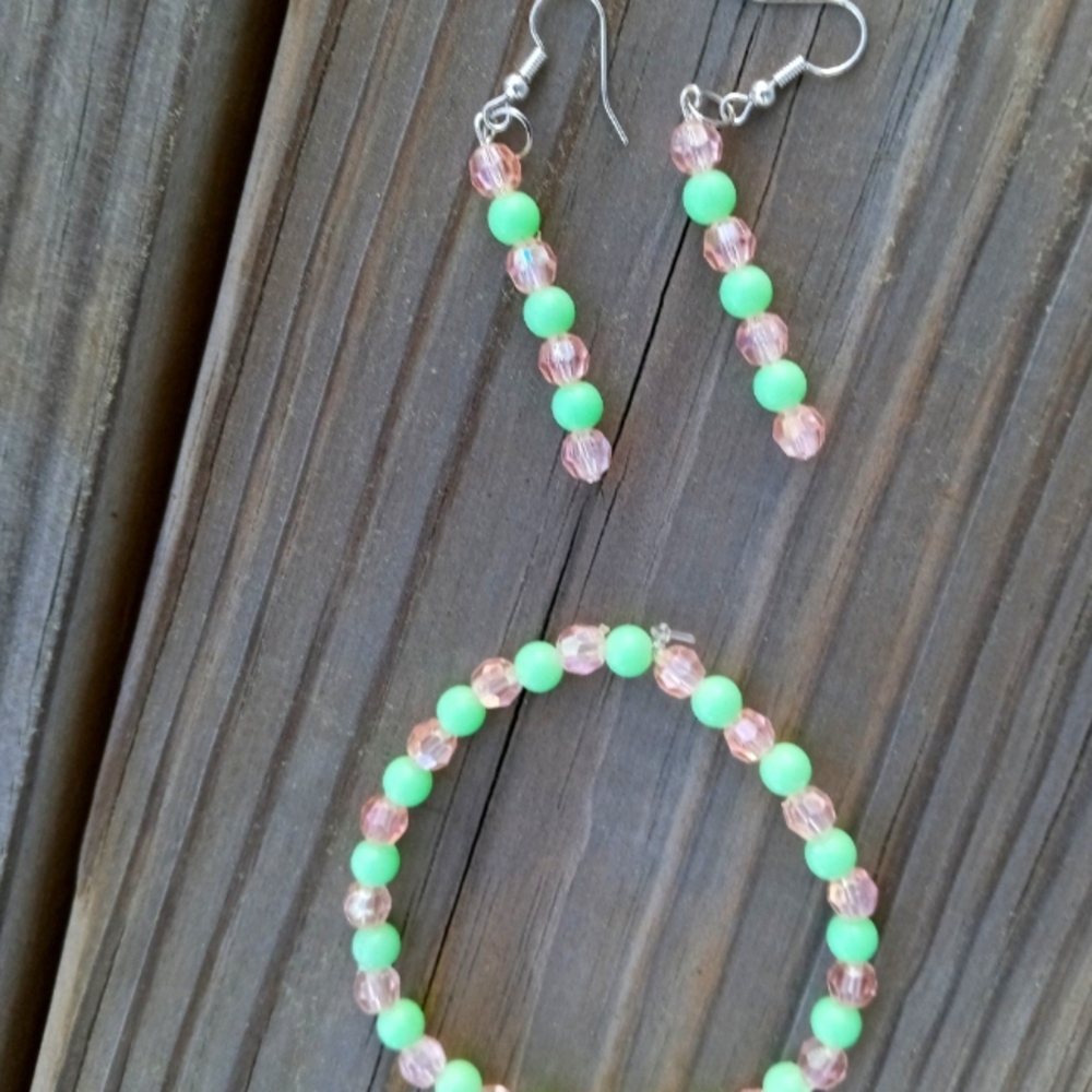 Hand Crafted pastel crystal statement earring and beaded bracelet set